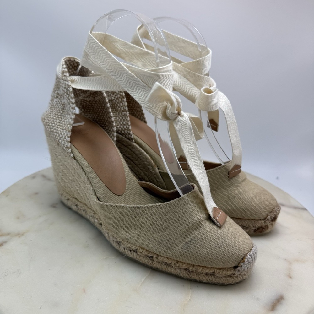 Castaner Espadrille Wedge Sandals EU 37 US 6 Beige Canvas Lace Up Ankle Platform